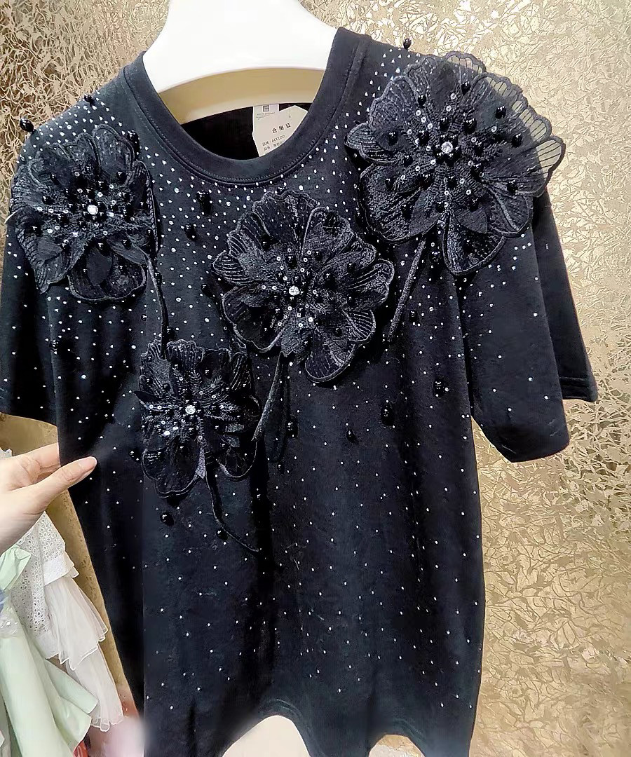 高端绝美 好质量 重工满天星满身水钻立体蕾丝大花朵大码纯棉T恤