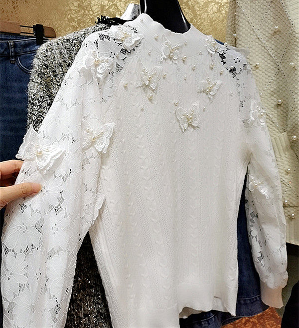 韩国秋季奢华重工珍珠钉珠花纹蕾丝立体蝴蝶结针织衫打底衫女