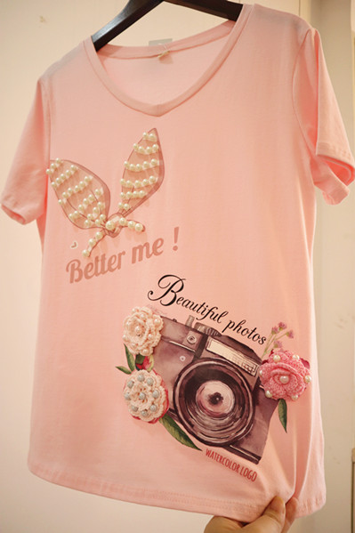 夏季花朵纯棉v领百搭显瘦T恤粉色