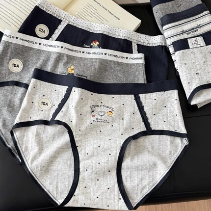 灰蓝调学院风萌宠兔小熊少女内裤提花棉彩纱a类纯棉加长裆10A抑菌