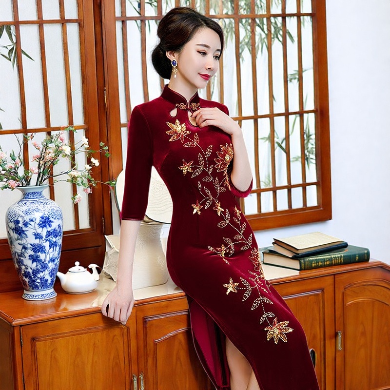 复古风金丝绒旗袍妈妈长款七分袖