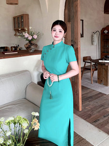 遇见家大码女装国风显白显瘦明媚连衣裙胖mm新中式冰丝皱改良旗袍