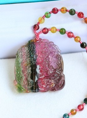 ◆龙凤呈祥◆珍藏级多色西瓜碧玺龙凤牌 配碧玺珠链