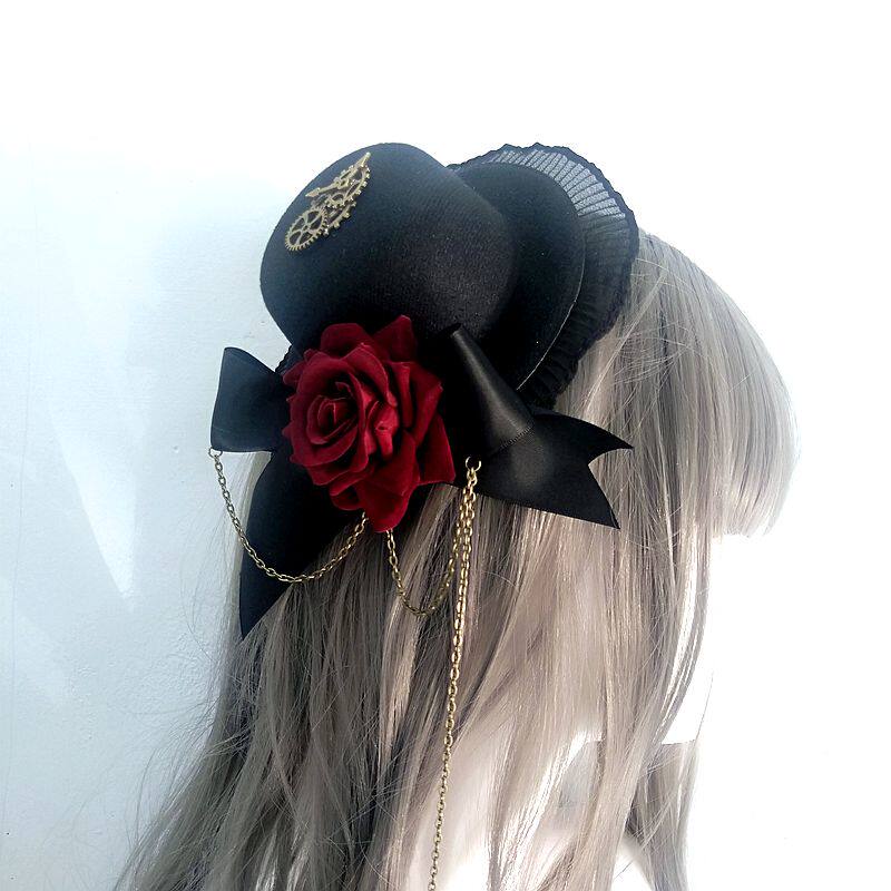 新品包邮lolita蒸朋steampunk 红色玫瑰花小礼帽齿轮简约款礼帽发