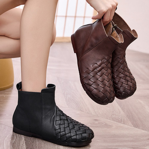 手工编织牛筋底软面牛皮妈妈短靴
