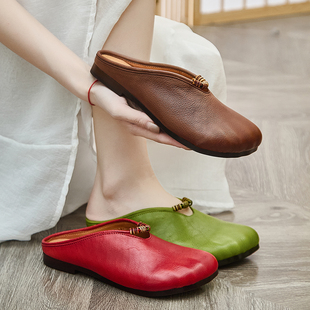 夏季 子2026新款 平底复古一字拖外穿 拖精致包头女士拖鞋 牛筋底凉鞋