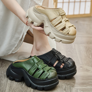 手工编织包头高跟女士拖鞋 夏季 拖外穿精致一字拖2026新款 厚底凉鞋