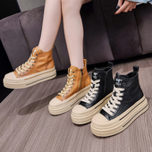 新款 加绒高帮软底休闲鞋 春秋女鞋 冬季 英伦风小皮鞋 真皮松糕学生鞋