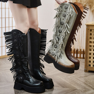 马丁靴女款 春秋高筒靴真皮骑士靴复古流苏靴厚底及膝长靴 2025新款