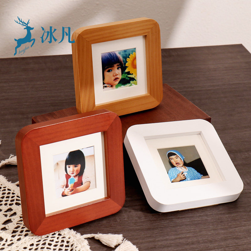 正方形相框实木小摆台洗照片加打印结婚证件照2寸儿童定制送礼物