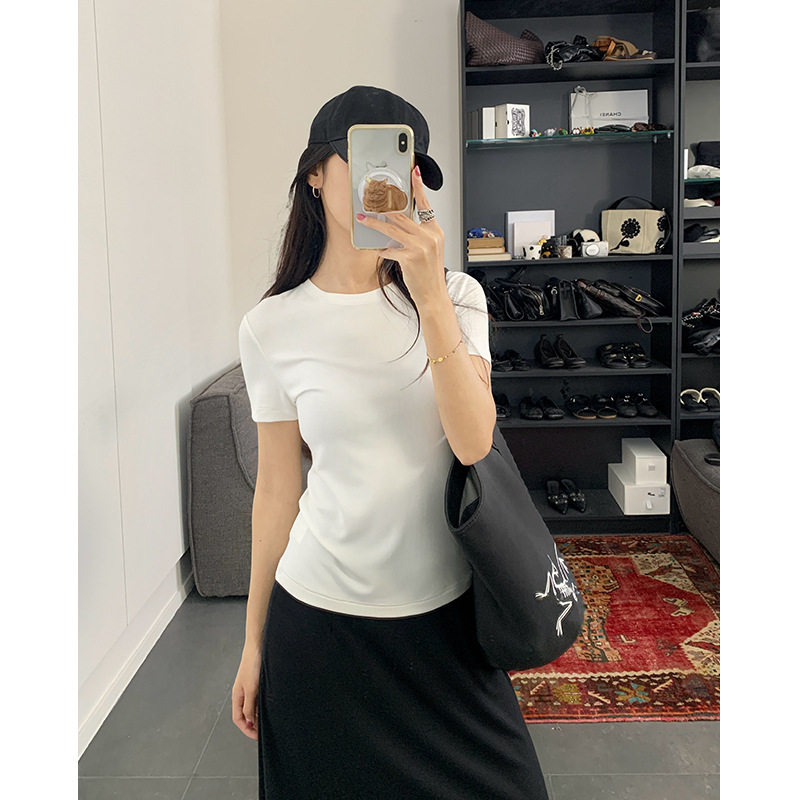EAL竹纤维圆领正肩短袖T恤女2025新款辣妹高弹修身显瘦纯色上衣