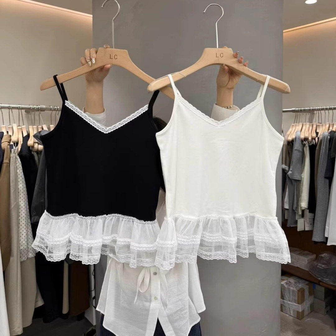 LAS CELULA蕾丝拼接吊带背心女春夏款修身叠穿内搭打底衫上衣