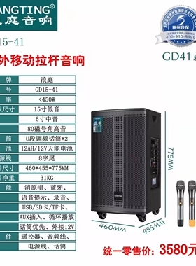 浪庭GD15-41三分频广场舞户外音响木质蓝牙演艺K歌大功率拉杆音箱