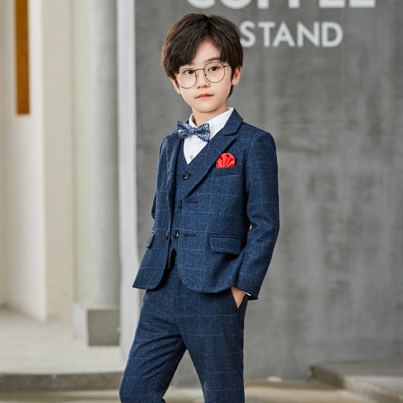 2022秋冬季格子款儿童小西装加厚加绒宝宝花童小主持男童套装礼服