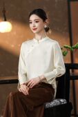 新款 2026新款 女春季 国风缎面提花盘扣衬衫 复古高级感禅意立领 中式