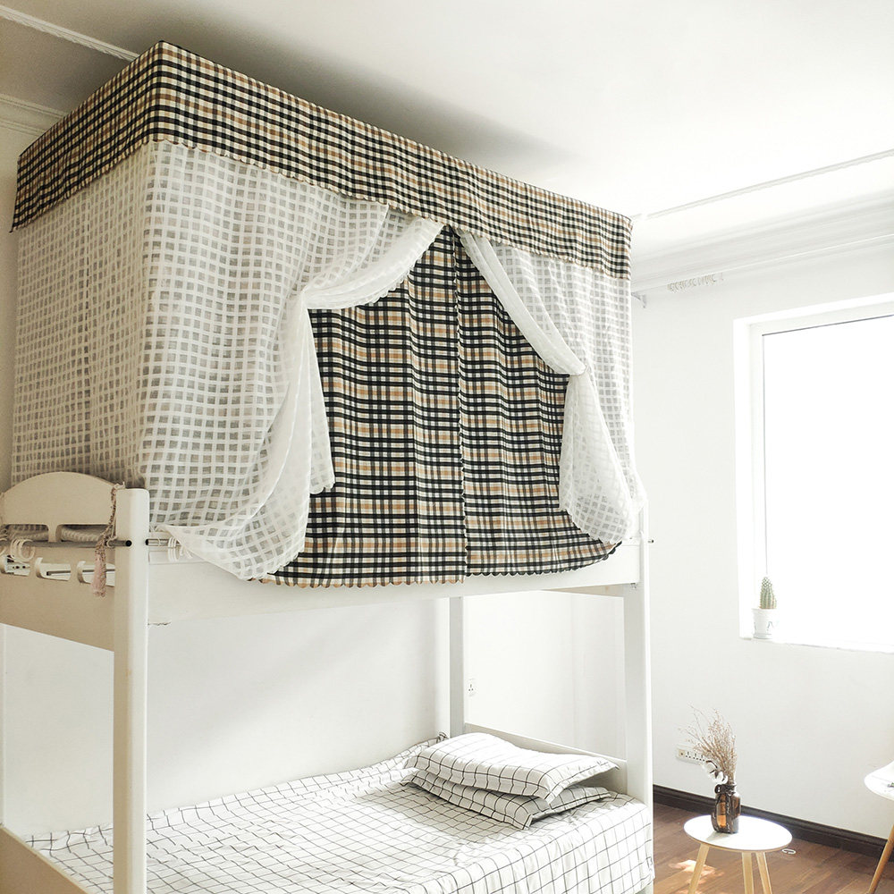 高档色织棉麻格纹【一体式防蚊】纱帐床帘学生寝室宿舍上下铺防蚊