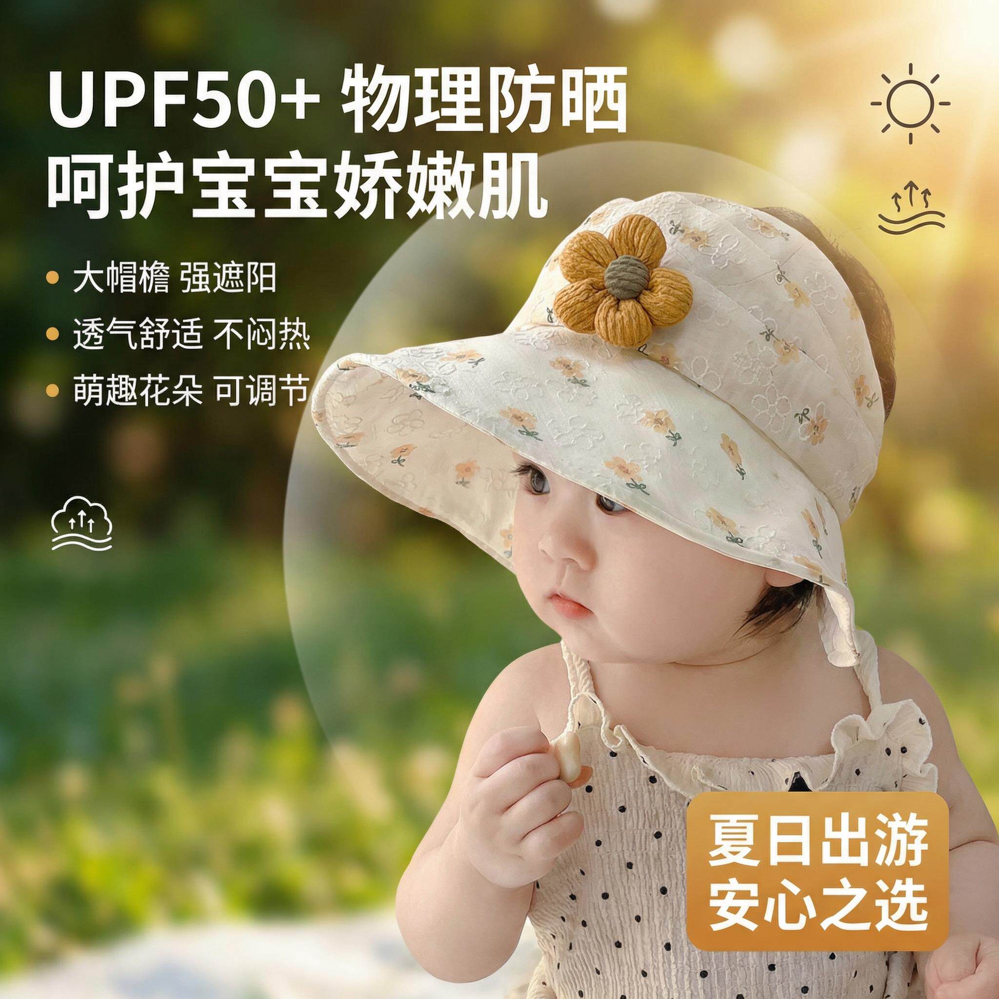 宝宝防晒帽婴儿防晒帽大帽簷小月龄女宝空顶帽夏天透气遮阳遮阳帽