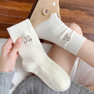 中筒袜堆堆袜纯棉刺绣中长袜 初中生春秋款 白色可爱勃肯鞋 袜子女款