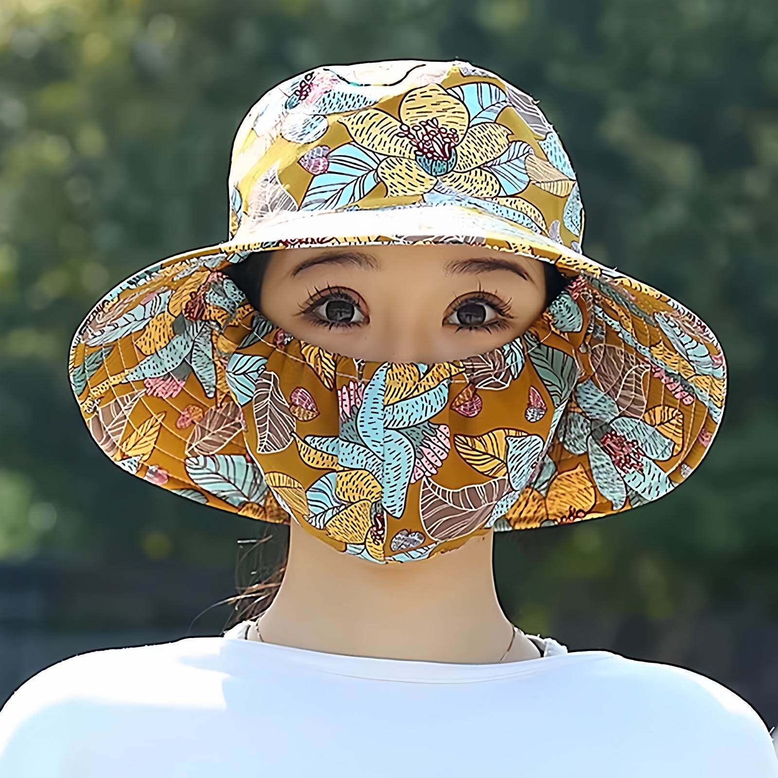 骑车防晒帽子口罩一体冰凉遮太阳帽女夏季全脸妨紫外线采茶渔夫帽