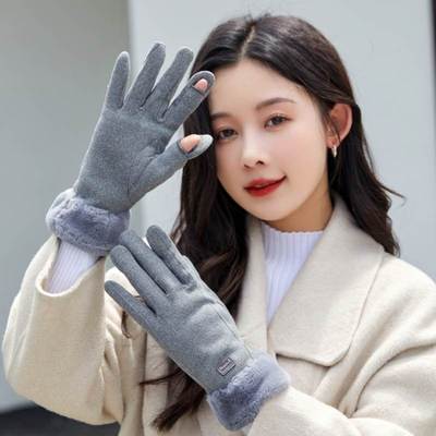 手套女士冬季新款加绒加厚保暖防寒骑行翻盖触屏露指漏二指男冬天
