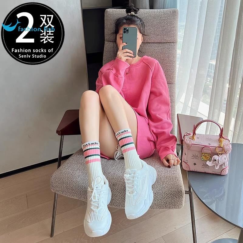 袜子女春秋款配鲨鱼裤的长袜外穿网红潮中筒袜运动百搭纯棉长筒袜