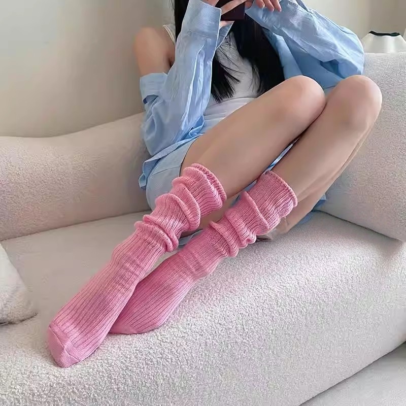 甜美风糖果色袜子女ins潮堆堆袜2025春季新款纯棉透气粉色中筒袜