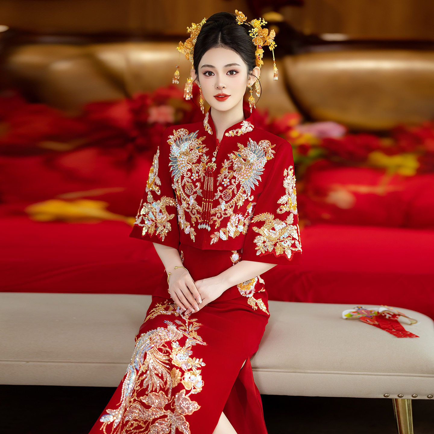 丝绒红色新中式敬酒服旗袍2026冬季新款高端新娘订婚礼服回门套装