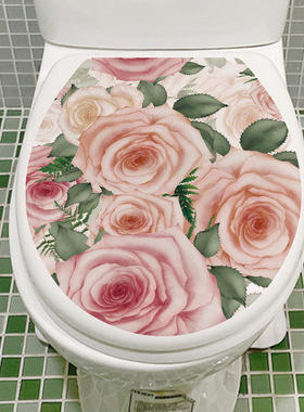 跨境MT34028粉色玫瑰家用马桶盖贴纸厕所卫生间装饰防水自粘