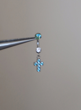 f136钛合金十字架吊坠蓝色马蹄环组合高抛光防过敏16G螺纹耳饰