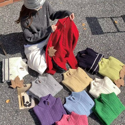 100%羊毛半拉链高领麻花针织衫