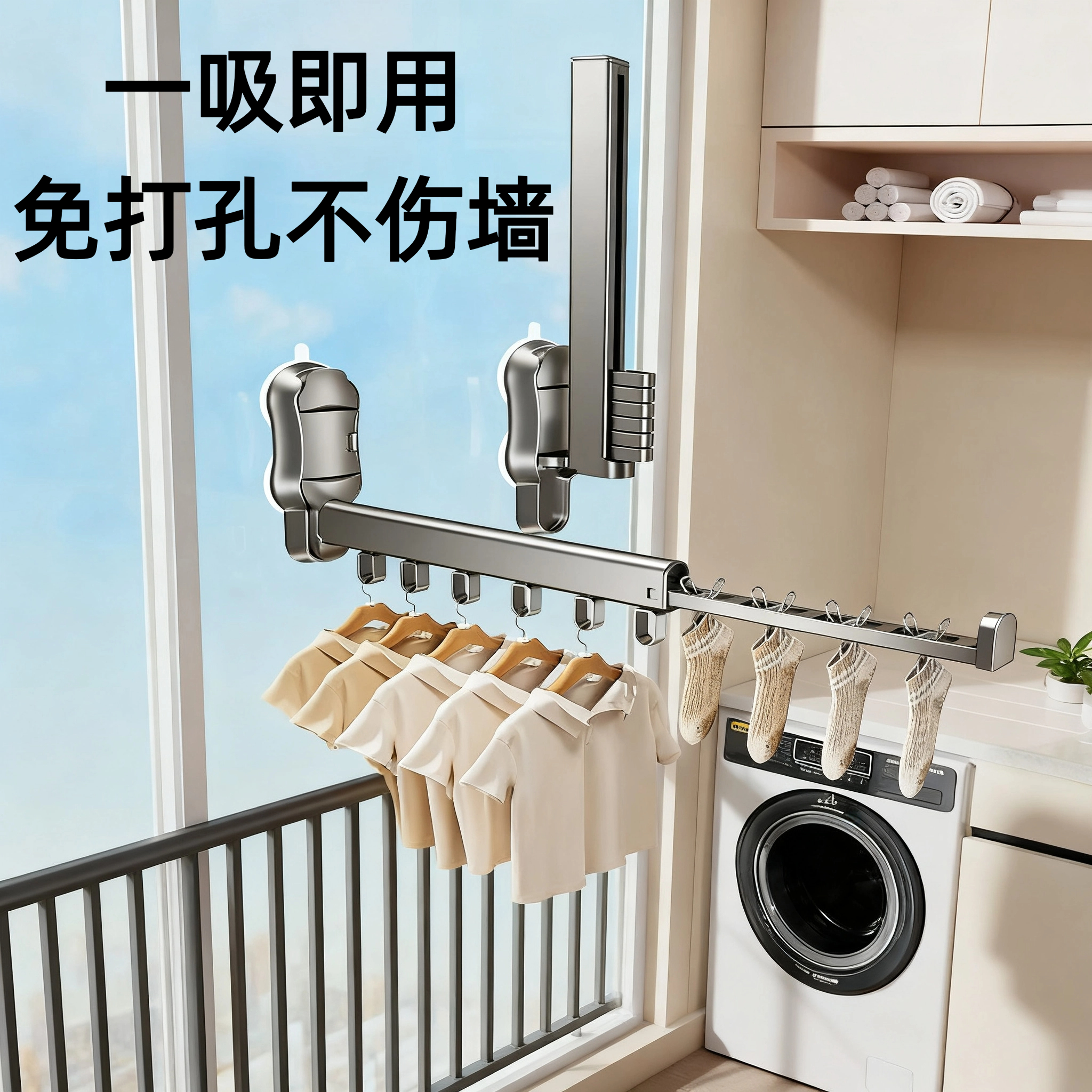 玻璃吸盘晾衣架折叠阳台隐形伸缩