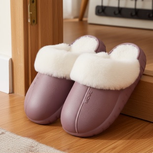 居家厚底防滑加绒加厚可拆卸外穿毛拖鞋 防水防污保暖棉拖鞋 女冬季
