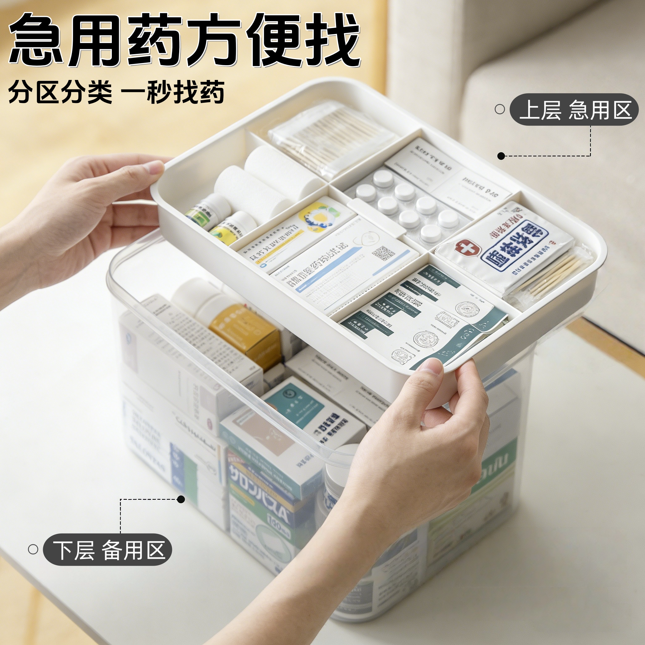家用大号医药箱药品药物分层收纳盒手提式药箱加厚透明家庭装药箱