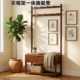 架玄关电梯口衣物置物架 子整理收纳鞋 衣帽架一体换鞋 凳家用门口鞋