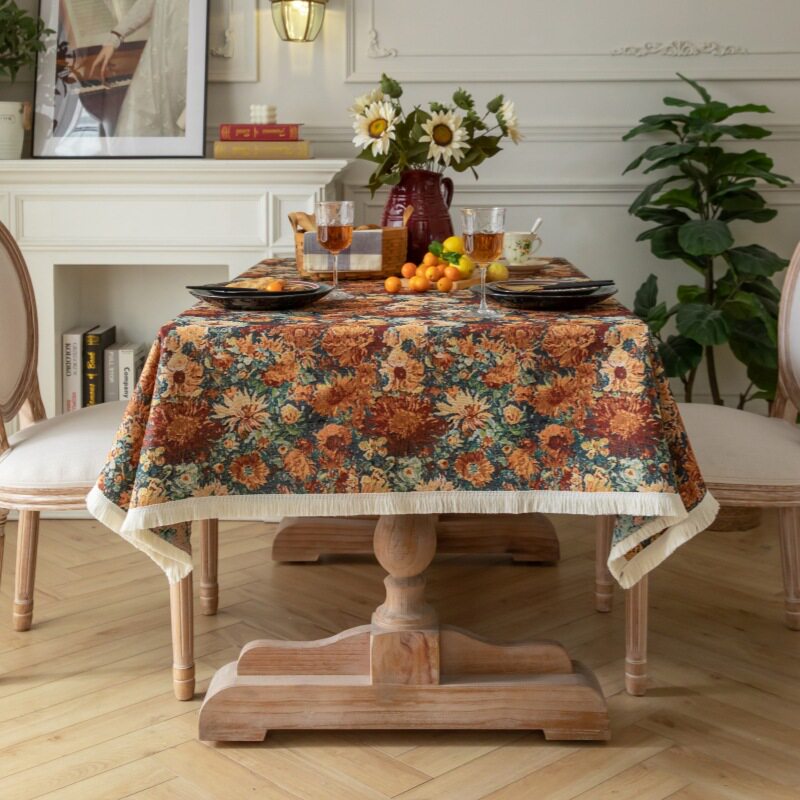 美式乡村复古风棉麻碎花桌垫桌布长方形高级感茶几流苏花边餐桌布