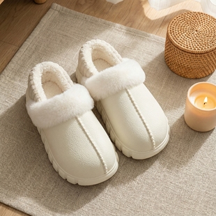 男简约 家居室内厚底防滑毛绒保暖包跟棉鞋 可拆卸防水棉拖鞋 女冬季