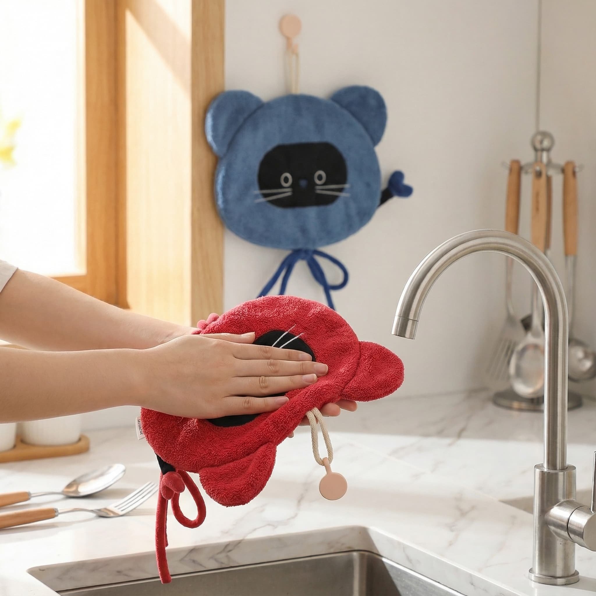 猫咪珊瑚绒擦手巾双层加厚吸水速干毛巾厨房浴室挂式两用方巾家用,家庭/个人清洁工具,厨房擦手巾,淘宝优惠券,粉丝福利购,淘宝优惠卷