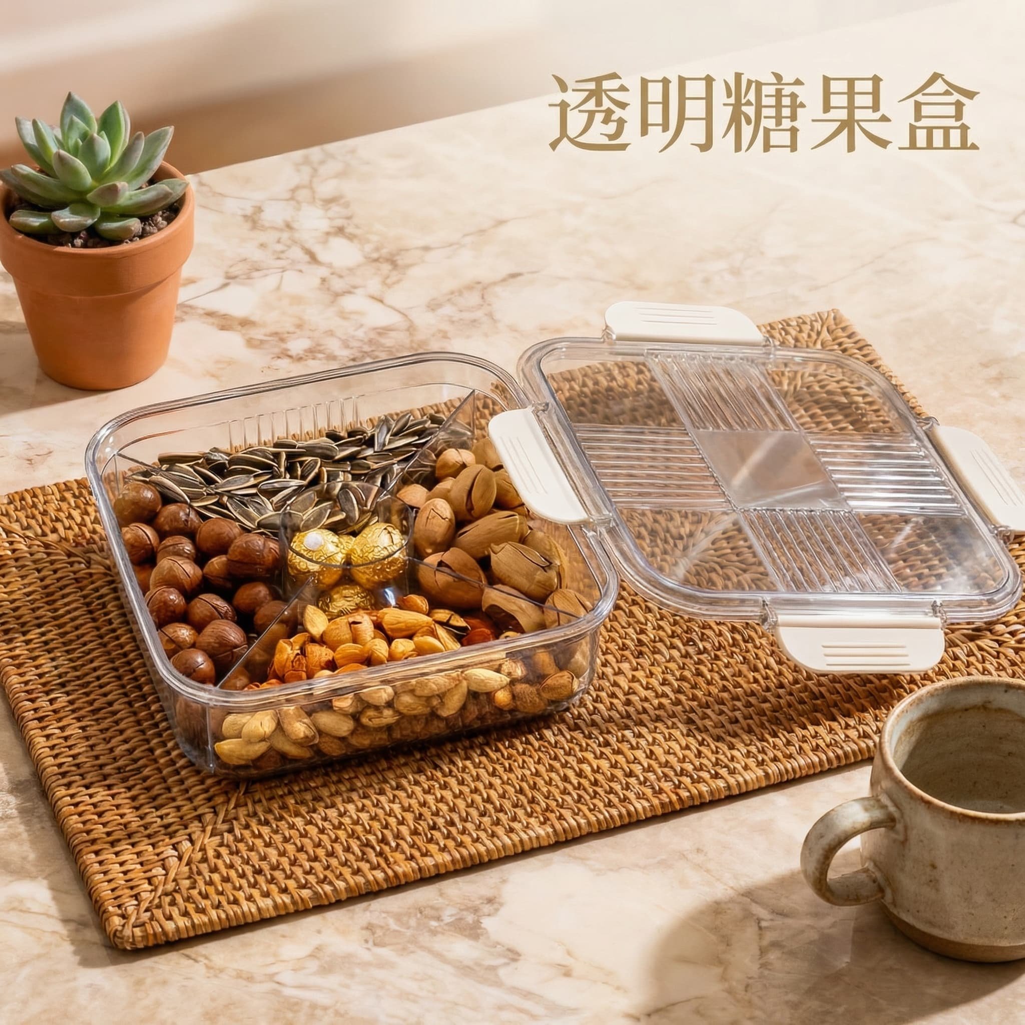 正方形带盖密封分格糖果盒家用透明坚果密封防潮收纳盒茶几瓜子盘,餐饮具,果盆/果盘/果篮,淘宝优惠券,粉丝福利购,淘宝优惠卷