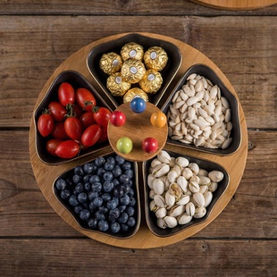陶瓷大理石水果盘带竹木底座插针家用多碟分格点心干果盘零食盘