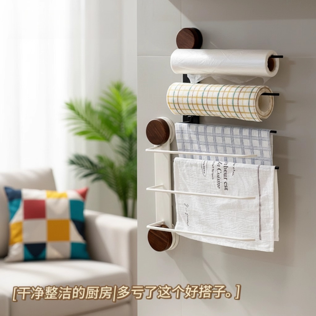 新款免打孔厨房保鲜膜收纳架多功能吸盘置物架抹布加长挂架可拆卸