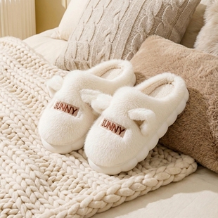 家居室内毛加绒厚底保暖防滑拖鞋 新款 男家用 女士秋冬季 可爱棉拖鞋