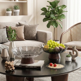 新中式 轻奢花型木纹高脚水果盘客厅茶几坚果零食收纳盒糖果盒收纳