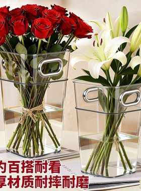 花瓶高级感摆件亚克力插花防摔客厅透明醒花桶富贵竹百合水养轻奢