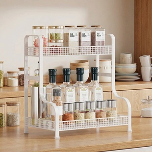 厨房置物架调料架多层收纳架厨房台面落地式 白色双层 置物架置地式