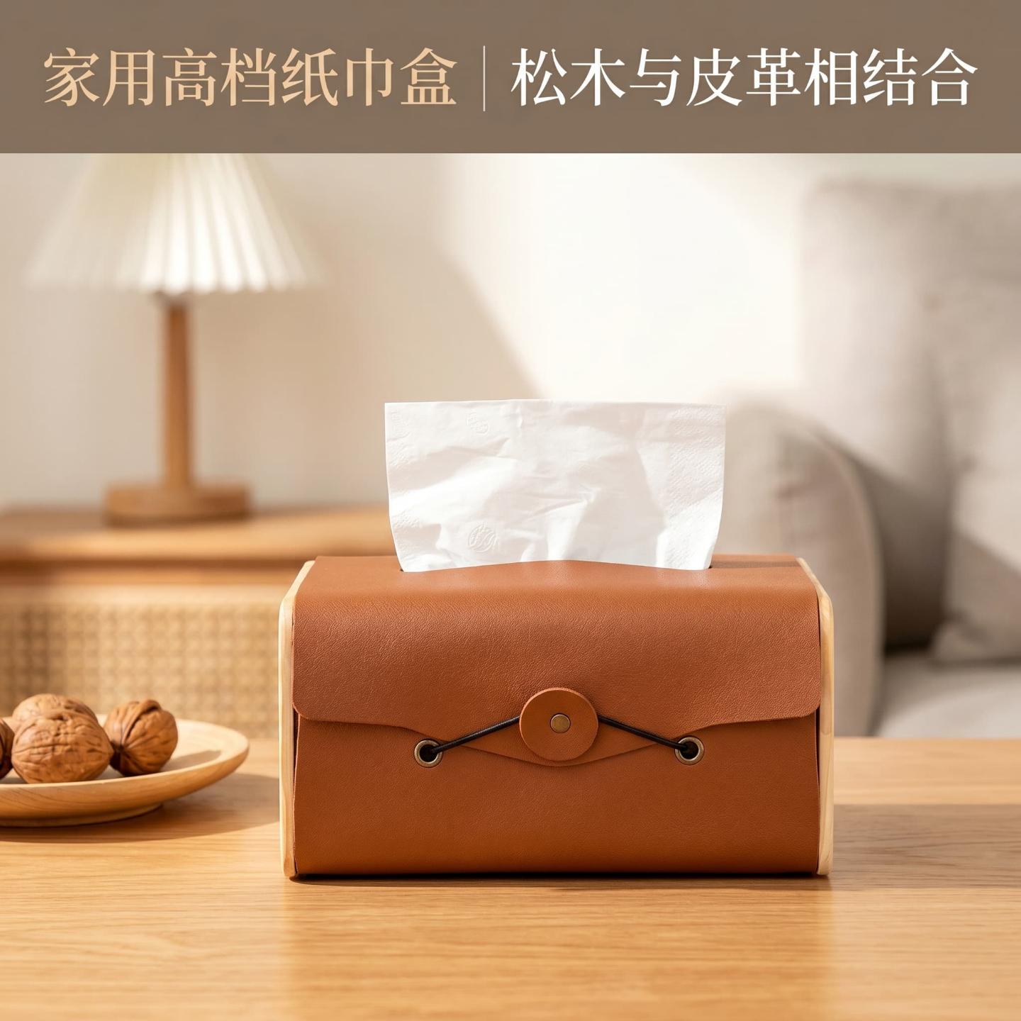 简约风木质皮革纸巾盒家用桌面图片