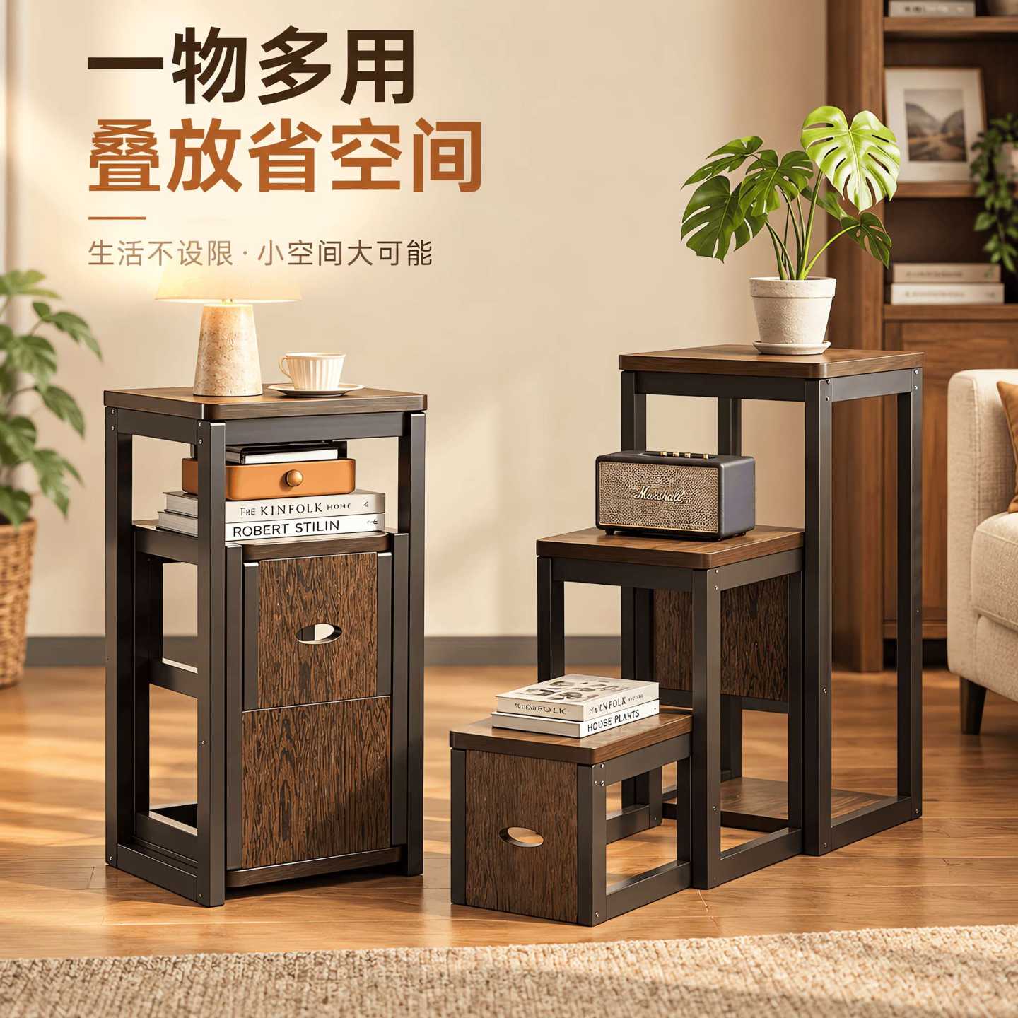 折叠梯凳登高梯子多功能两梯凳三步梯客厅可折叠置物架花架成年人