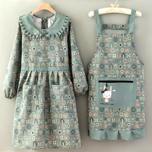 韩版 帆布围裙女家用厨房做饭罩衣防污透气餐饮工作服大人围腰 长袖