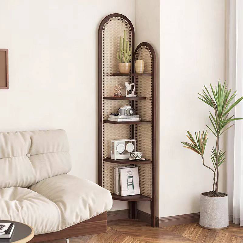 中式复古实木藤编转角柜置物架