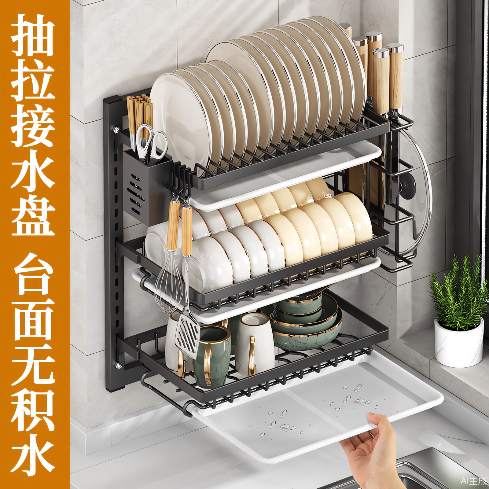 免打孔碗碟碗盘架沥水架壁挂式厨房置物架水槽餐具一体碗柜收纳架