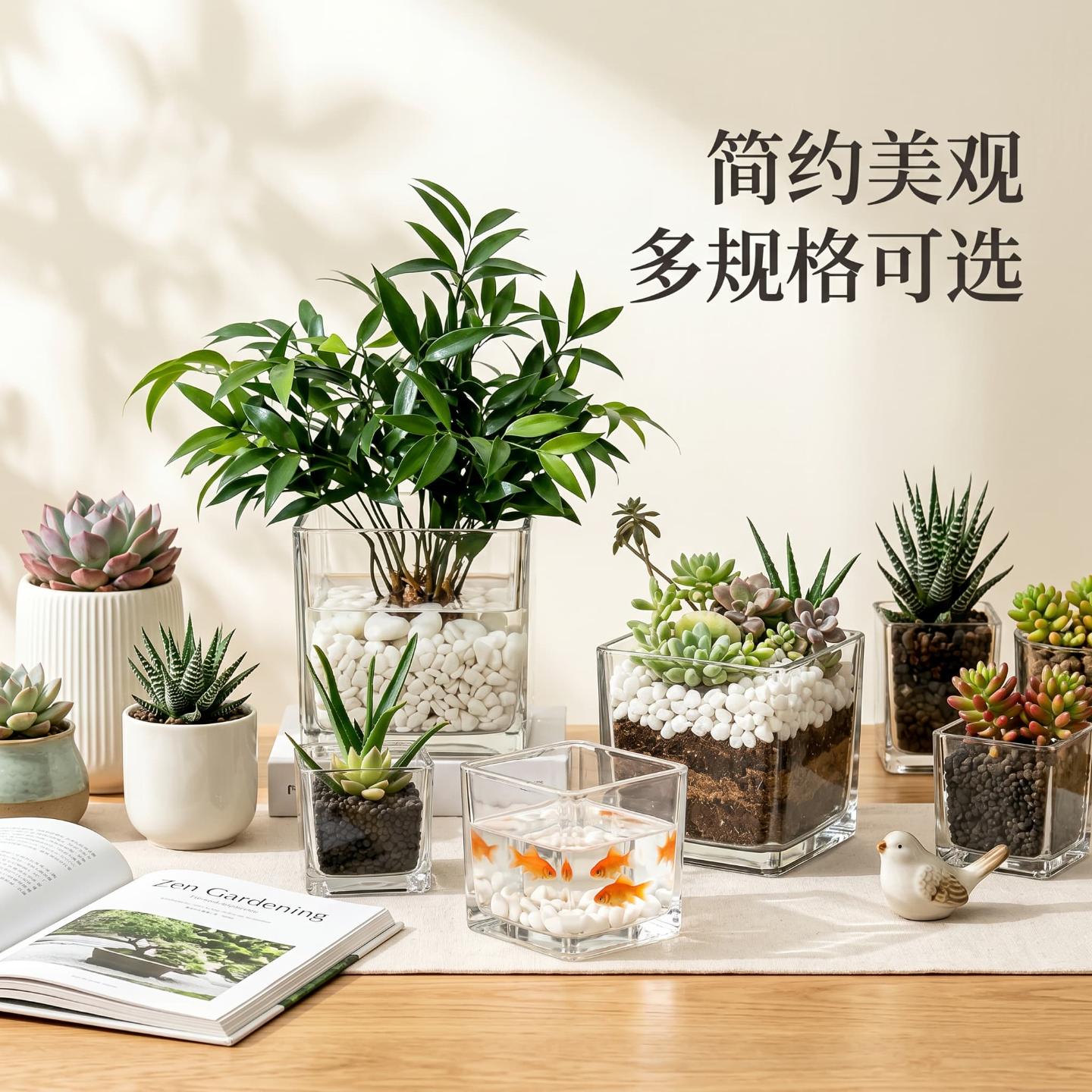 水培花瓶玻璃器皿透明方缸绿萝多肉小花盆桌面微景观装饰造景鱼缸